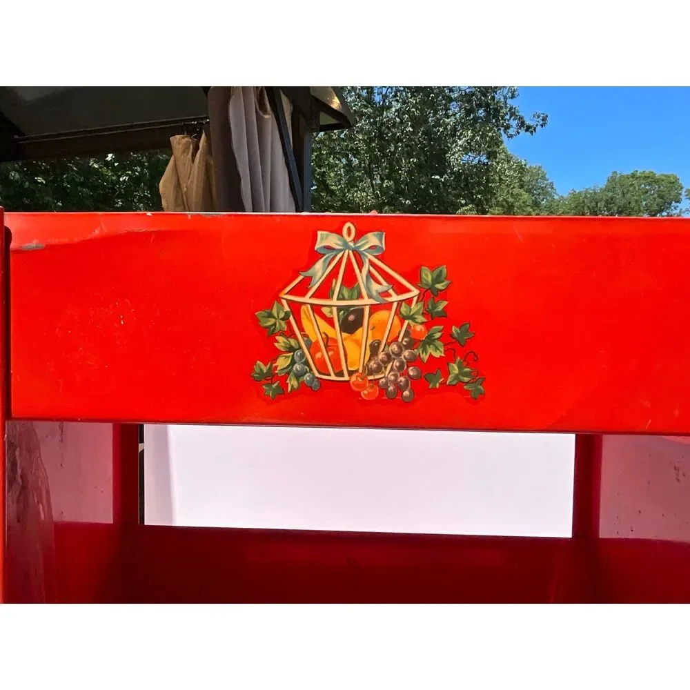 Red metal vegetable bin, Pantry veggie and fruit bin vintage farmhouse decal